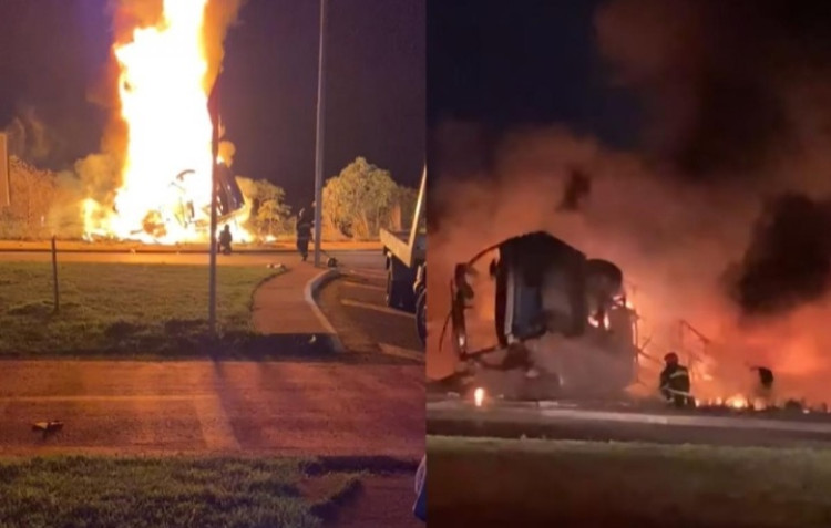 Ônibus de viagem tomba na Estrada da Guia e pega fogo; Video